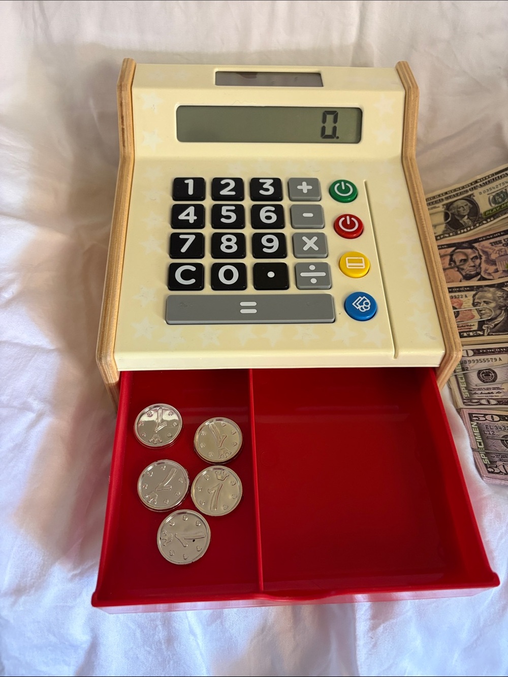 Wooden Toy Cash Register with Red Drawer